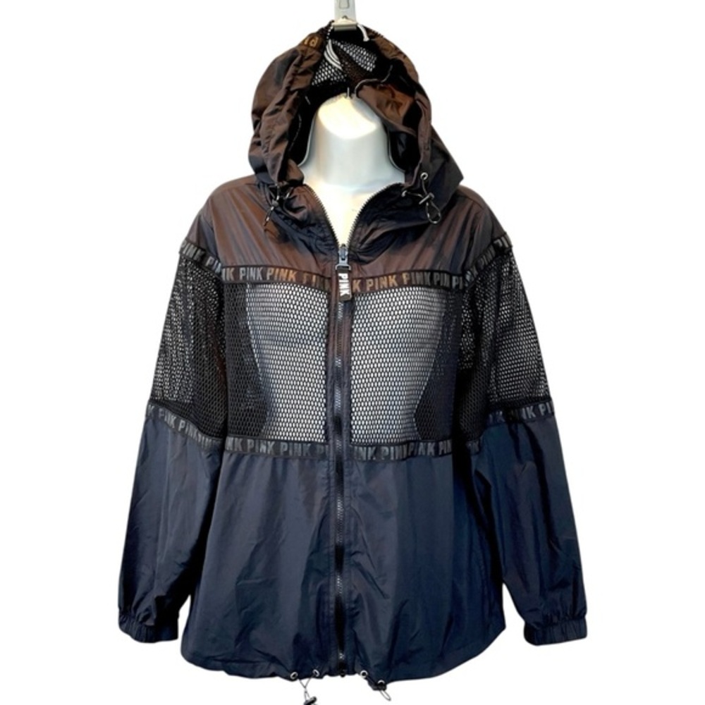 Victoria's Secret PINK Black Mesh Windbreaker Jacket Hooded XS S Full Zip